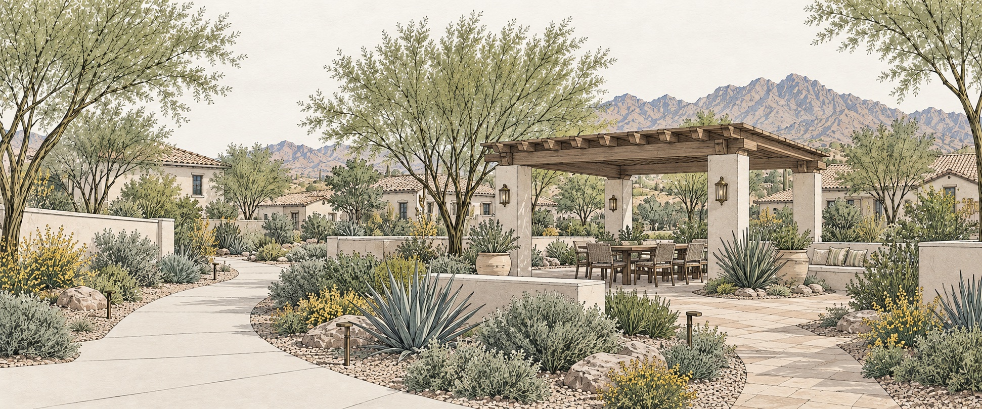 Architectural illustration of a shaded gathering garden in an Arizona neighborhood