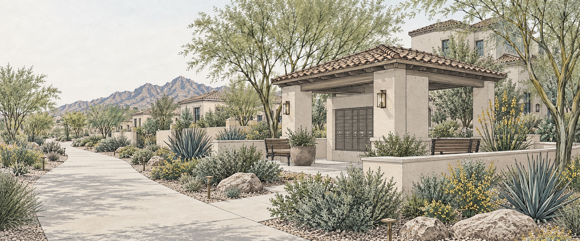 Architectural illustration of a shaded mail pavilion and walking paths in an Arizona community