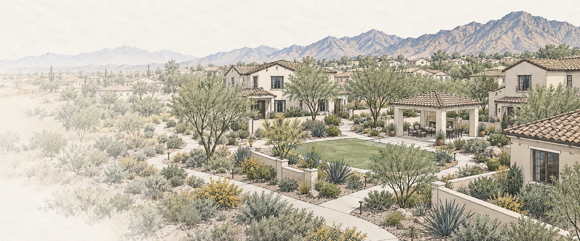Architectural illustration overlooking Arizona homes, shared landscaped courtyards, walking paths, and a community pavilion beneath desert mountains