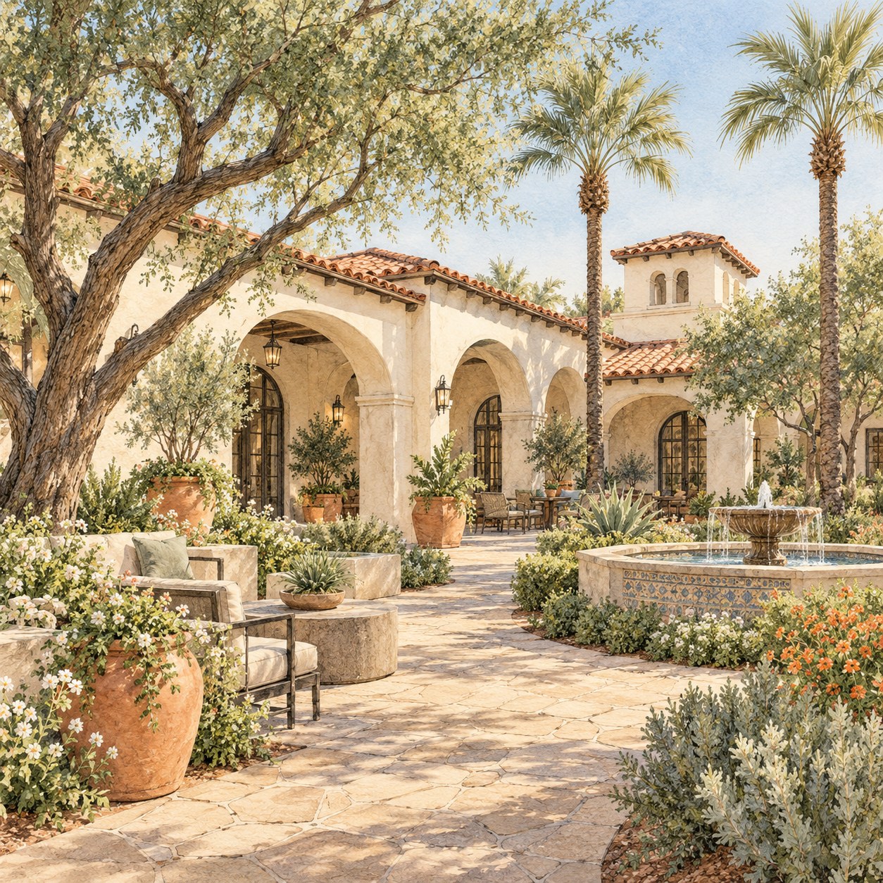 Watercolor illustration inspired by Chandler’s Spanish Revival architecture and a shaded community courtyard