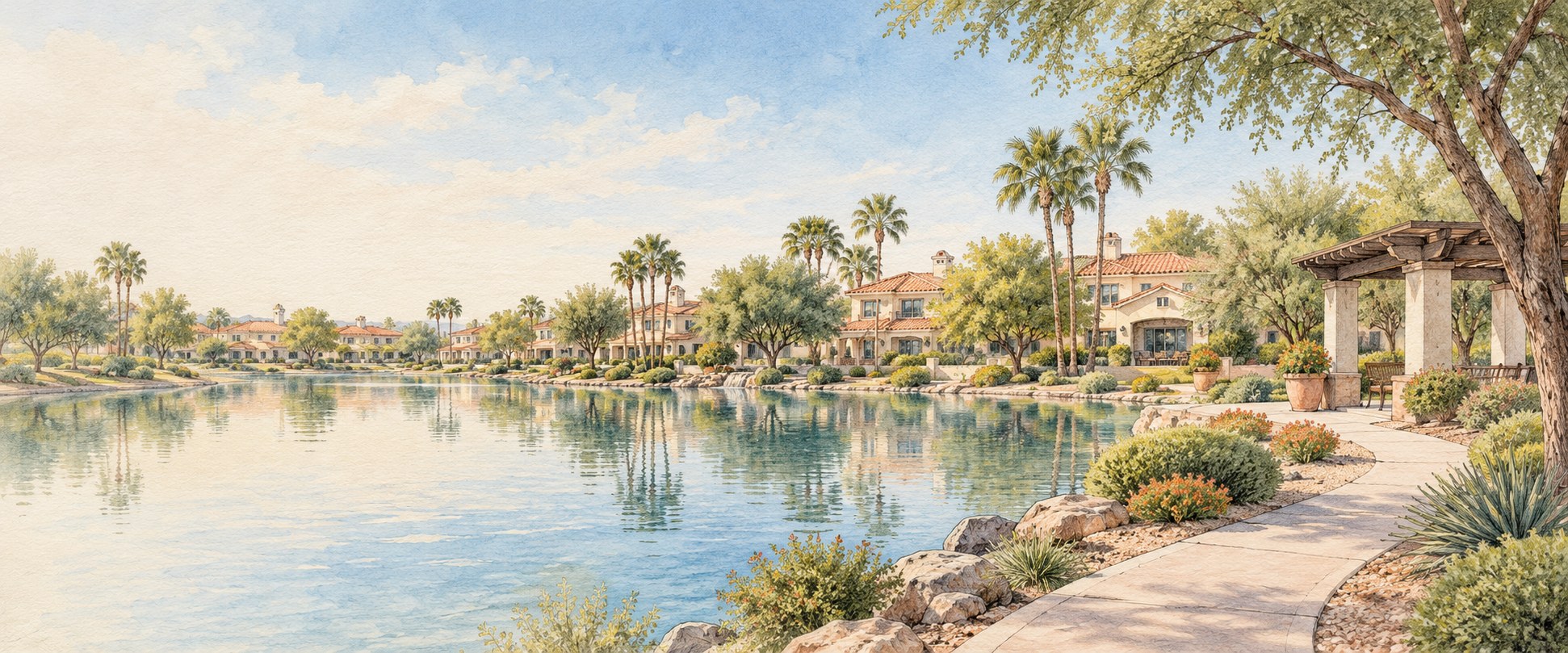 Watercolor illustration of a Chandler-inspired neighborhood lake, paths, and shaded homes