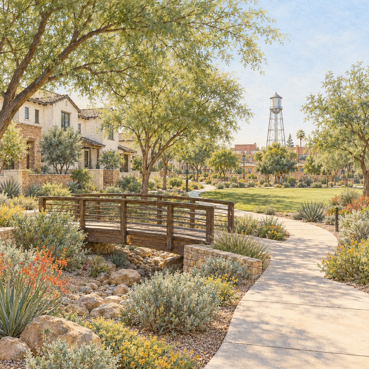 Watercolor illustration inspired by a Gilbert neighborhood greenbelt with the historic water tower in the distance
