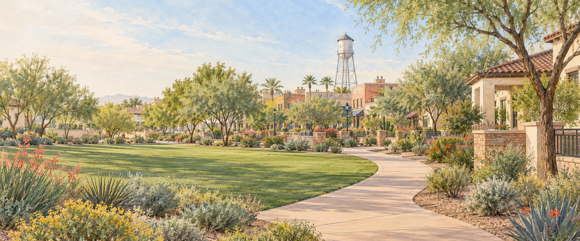 Watercolor panorama inspired by Gilbert greenbelts and the town’s historic water tower