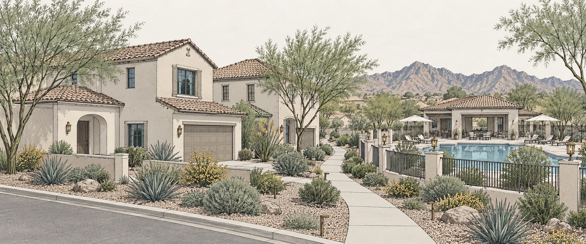 Architectural illustration of Arizona homes beside shared desert landscaping, a walking path, and a community pool