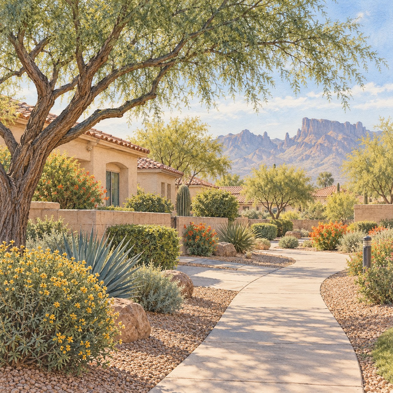 Watercolor illustration inspired by an established Mesa neighborhood with shaded paths and the Superstition Mountains