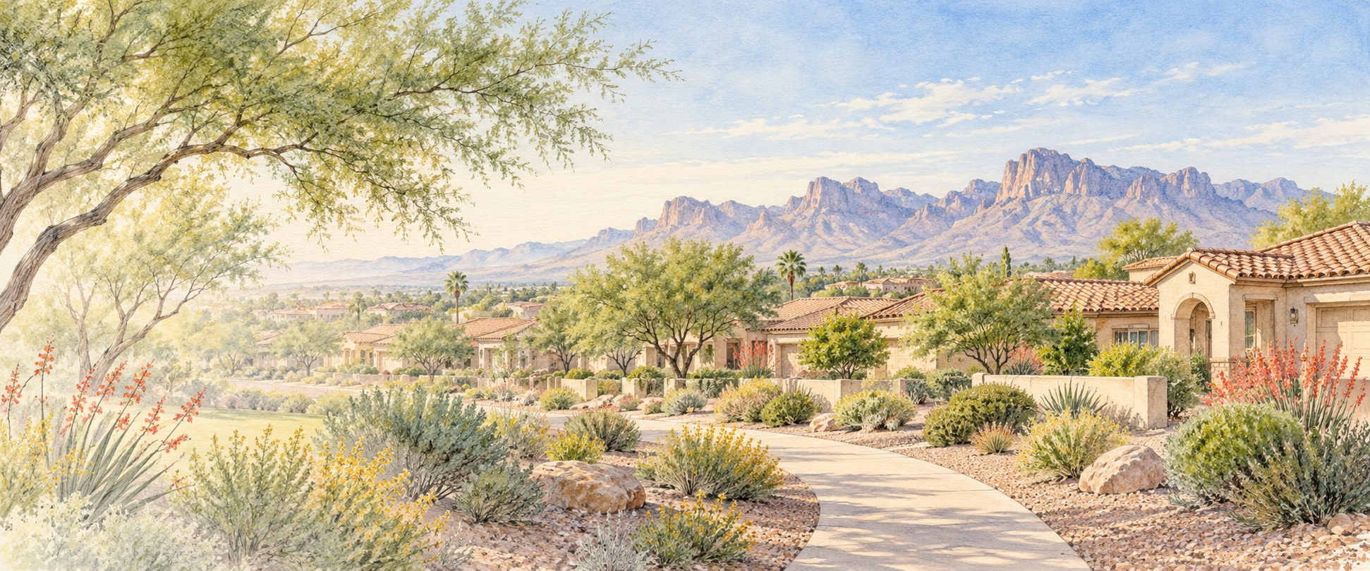 Watercolor illustration inspired by Mesa neighborhoods with the Superstition Mountains in the distance