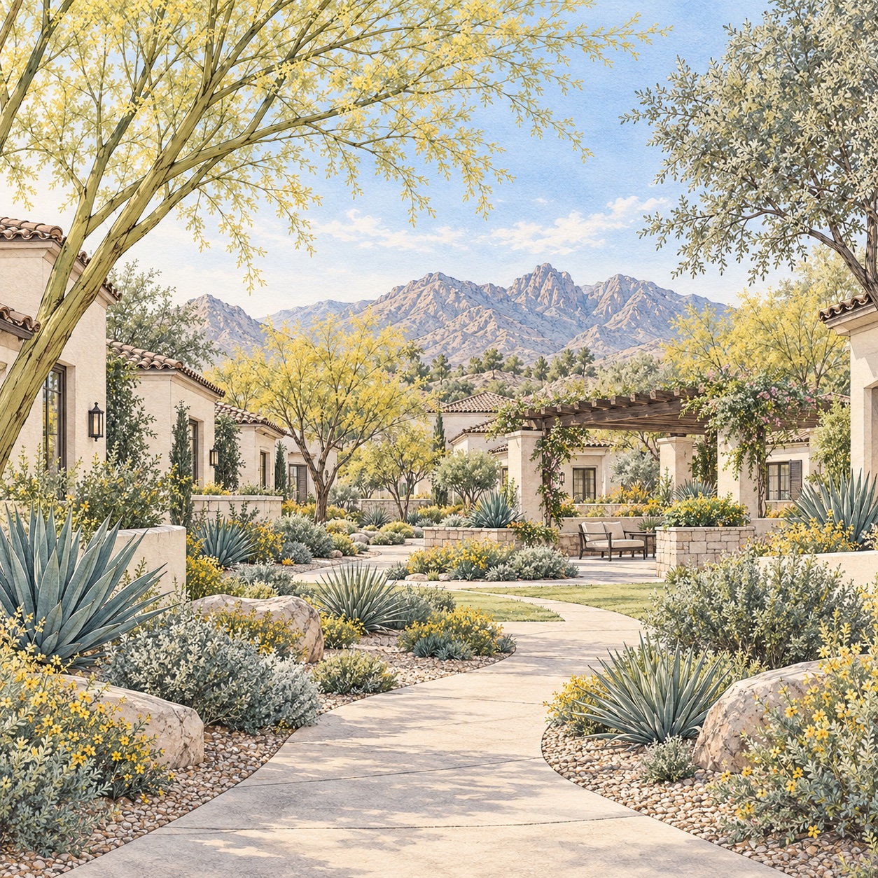 Watercolor illustration of a Phoenix neighborhood courtyard with desert landscaping, a shaded pergola, and mountain views