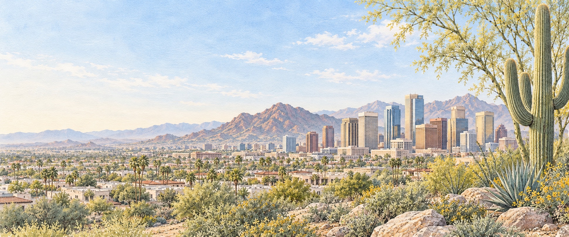Watercolor panorama inspired by the Phoenix skyline, desert mountains, and Sonoran landscaping