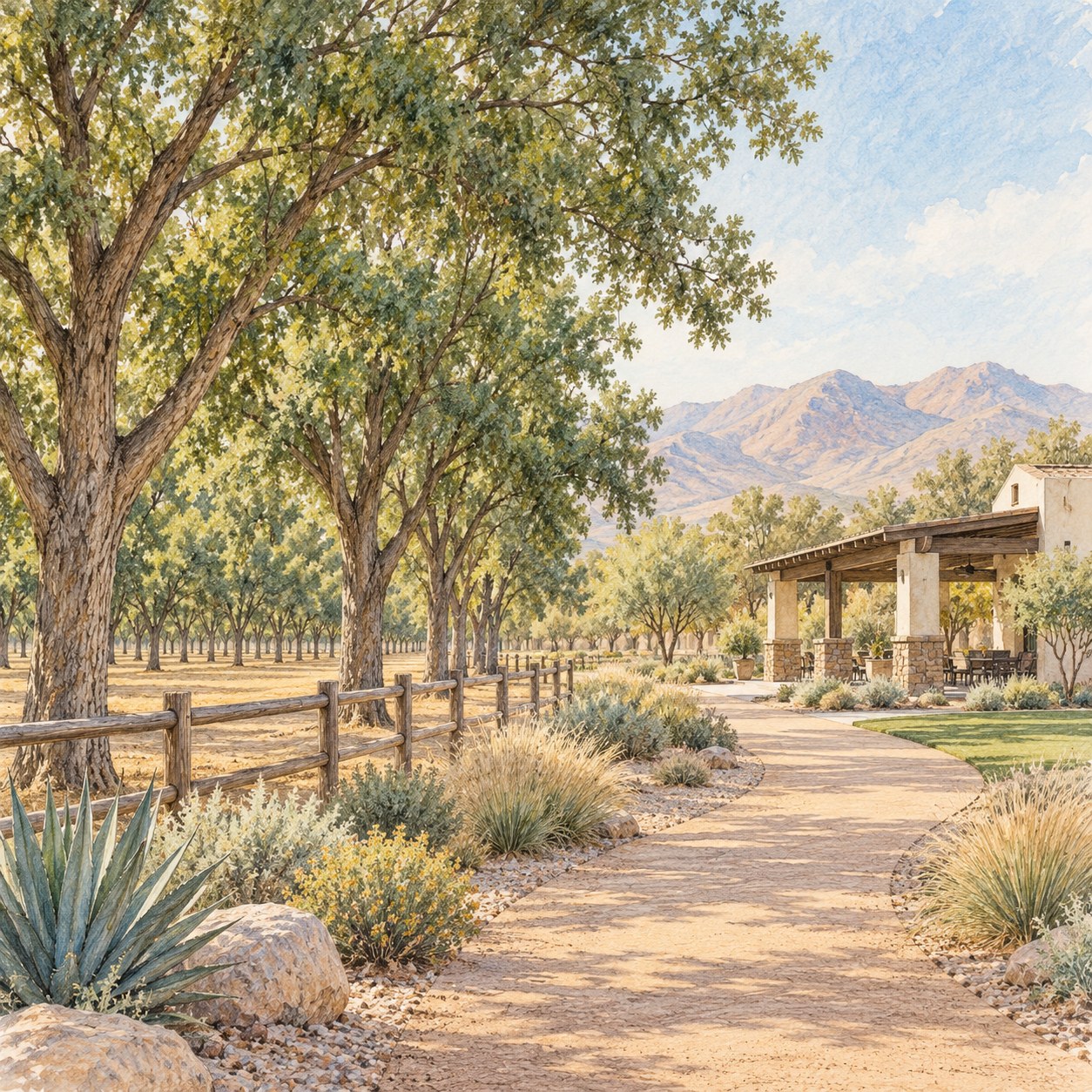 Watercolor illustration inspired by Queen Creek’s pecan groves, community trails, and the San Tan Mountains