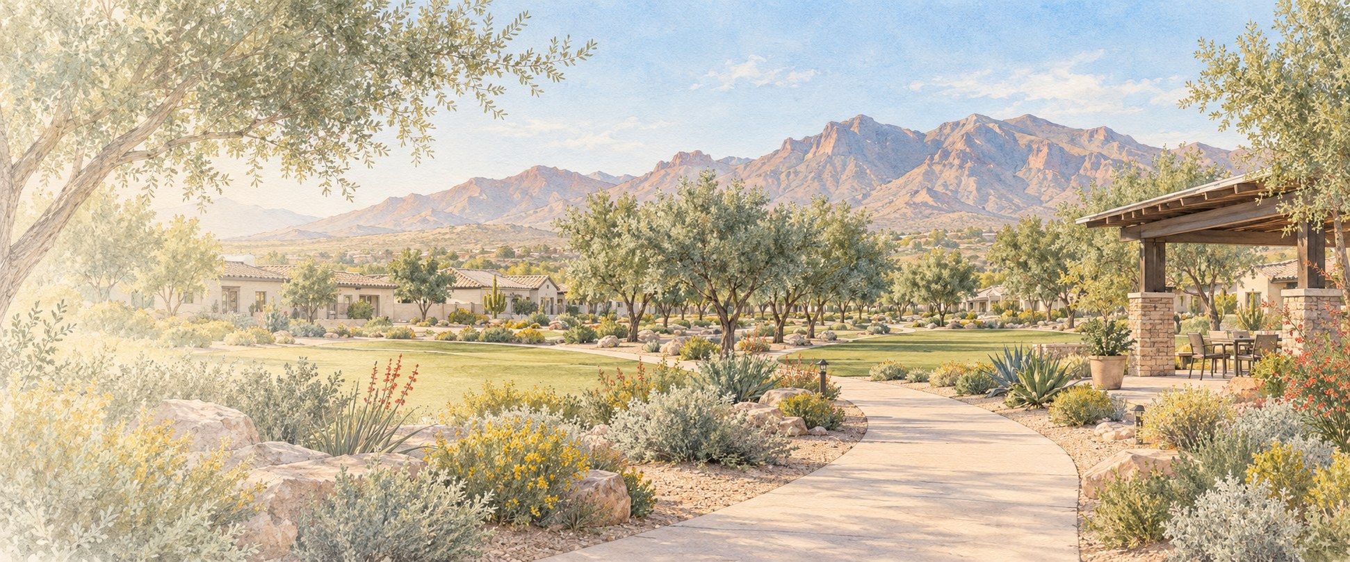 Watercolor illustration inspired by Queen Creek trails, olive trees, and the San Tan Mountains