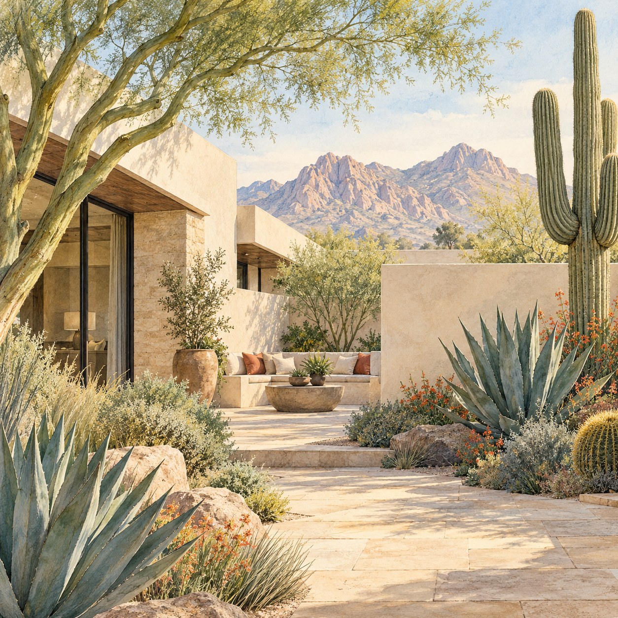 Watercolor illustration inspired by a Scottsdale courtyard with desert architecture, saguaros, and the McDowell Mountains