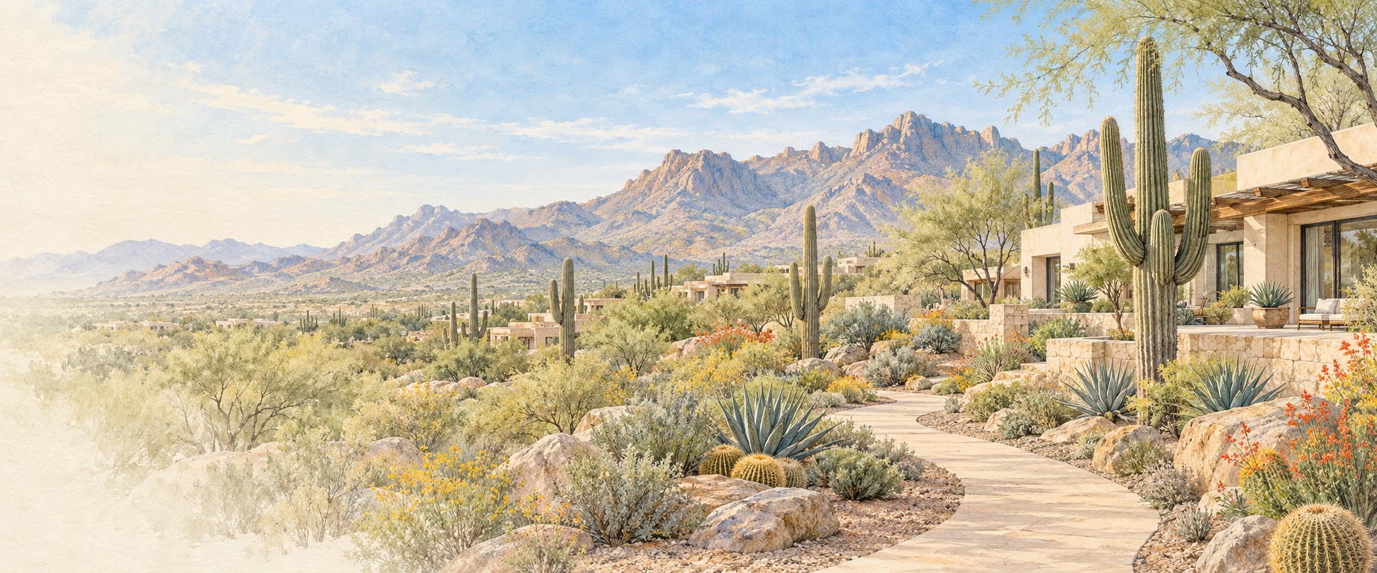 Watercolor panorama inspired by Scottsdale desert homes and the McDowell Mountains