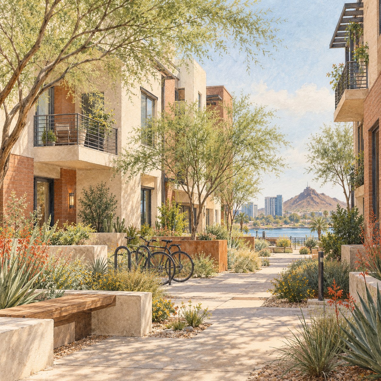 Watercolor illustration inspired by Tempe townhomes, a shaded pedestrian courtyard, and Hayden Butte