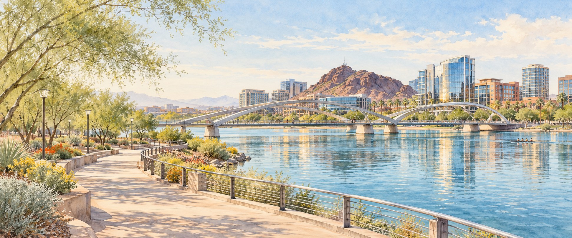 Watercolor cityscape inspired by Tempe Town Lake, a pedestrian bridge, and Hayden Butte